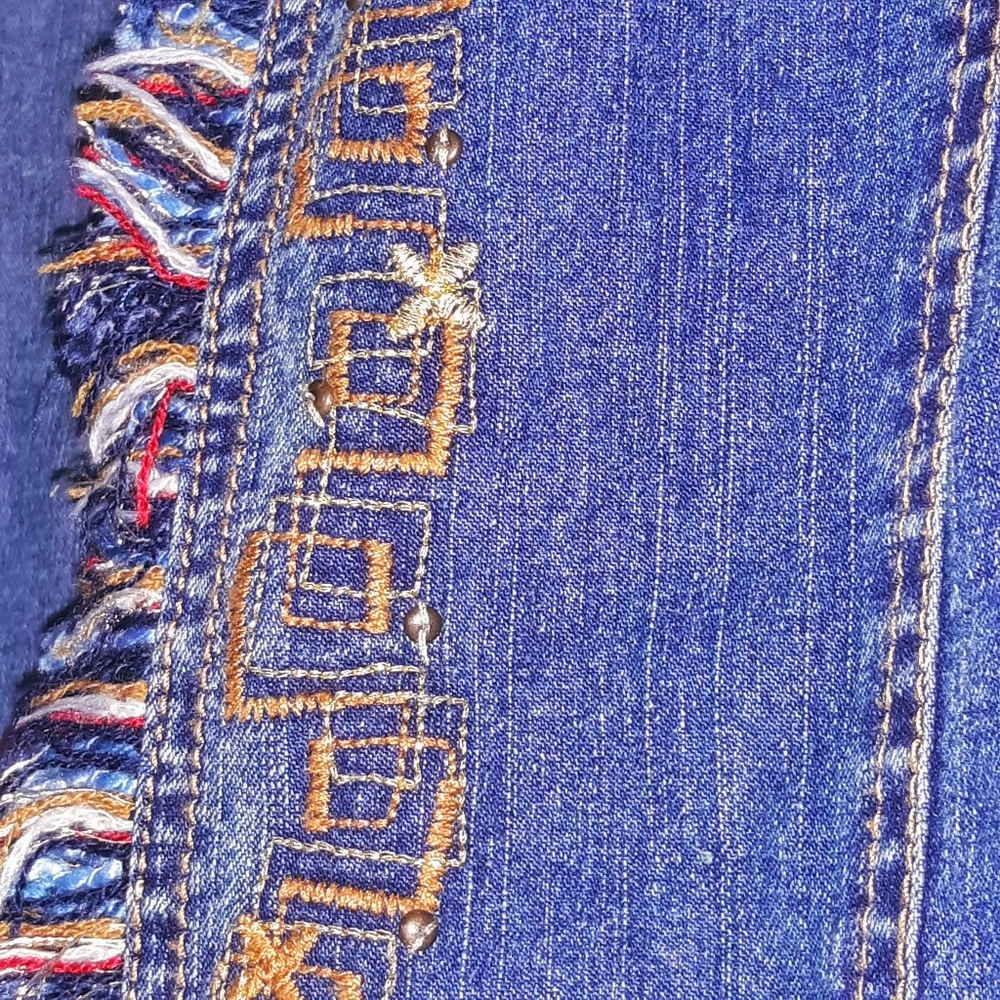 Ruby Rd Embroidered Denim Fringe Blue Jean Jacket - Picture 2 of 7